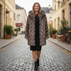 Vtg Hannah by Mar-Lo Faux Fur Hooded Coat in Grey Striped Sable Sz L